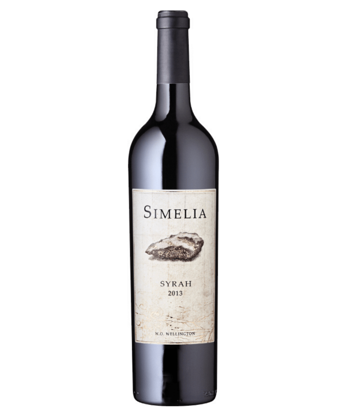 Wine bottle with 'Simelia Syrah 2013' label on a white background